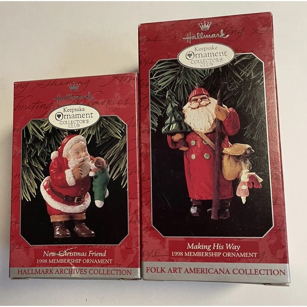 Hallmark 1998 Keepsake Collector's Club Ornaments Lot of 2 Santa Folk Art